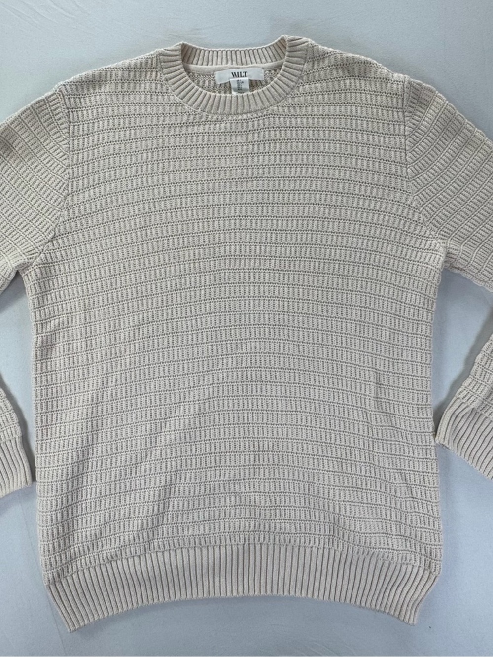 WILT Womens Large 100% Cotton Cream Textured Knit Sweater Crew Neck
